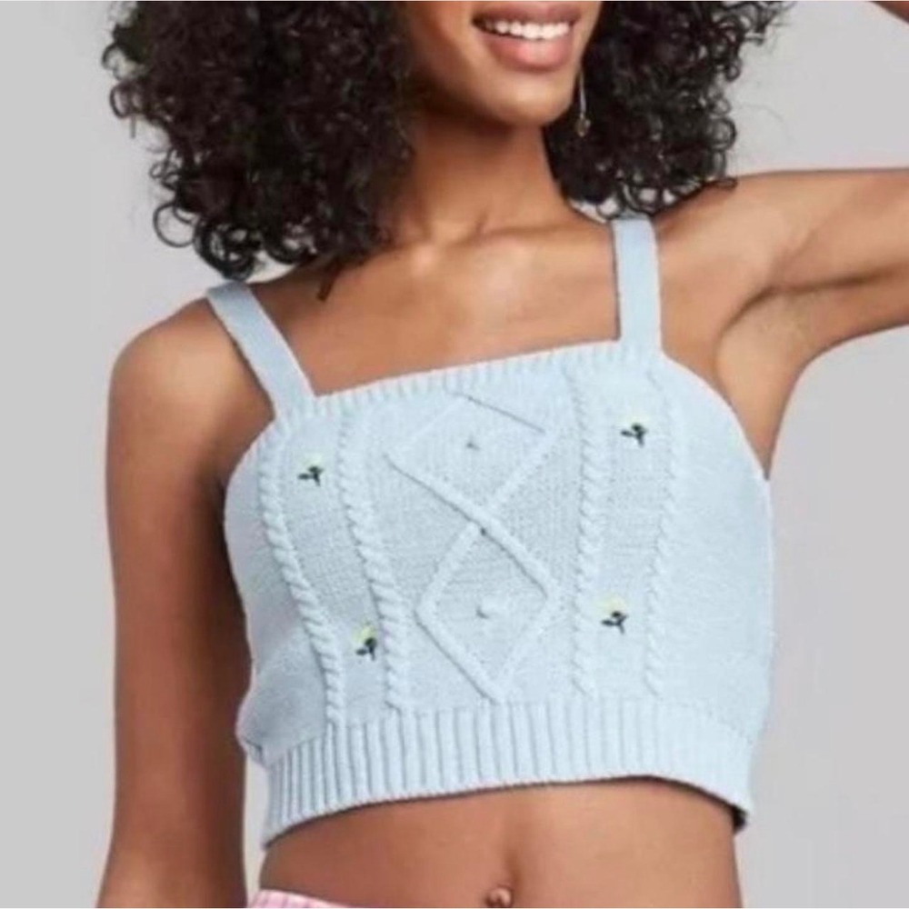 Wild Fable Blue Cable Knit Embroidered Floral Crop Cami Top Medium